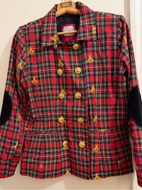 B the Collection Plaid Double-Breasted Jacket with Bee Embroidery - Red